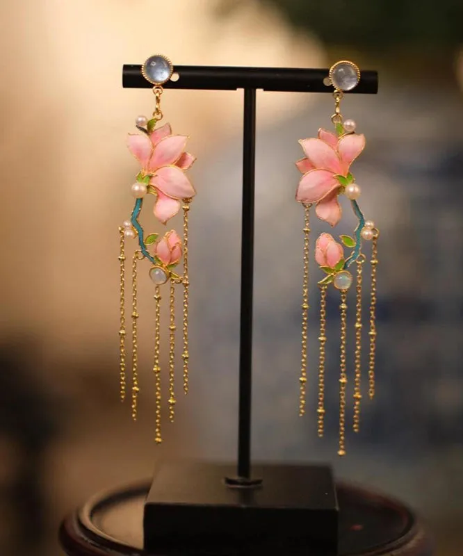 Art Pink Copper Overgild Enamel Jade Orchid Tassel Drop Earrings WQ009