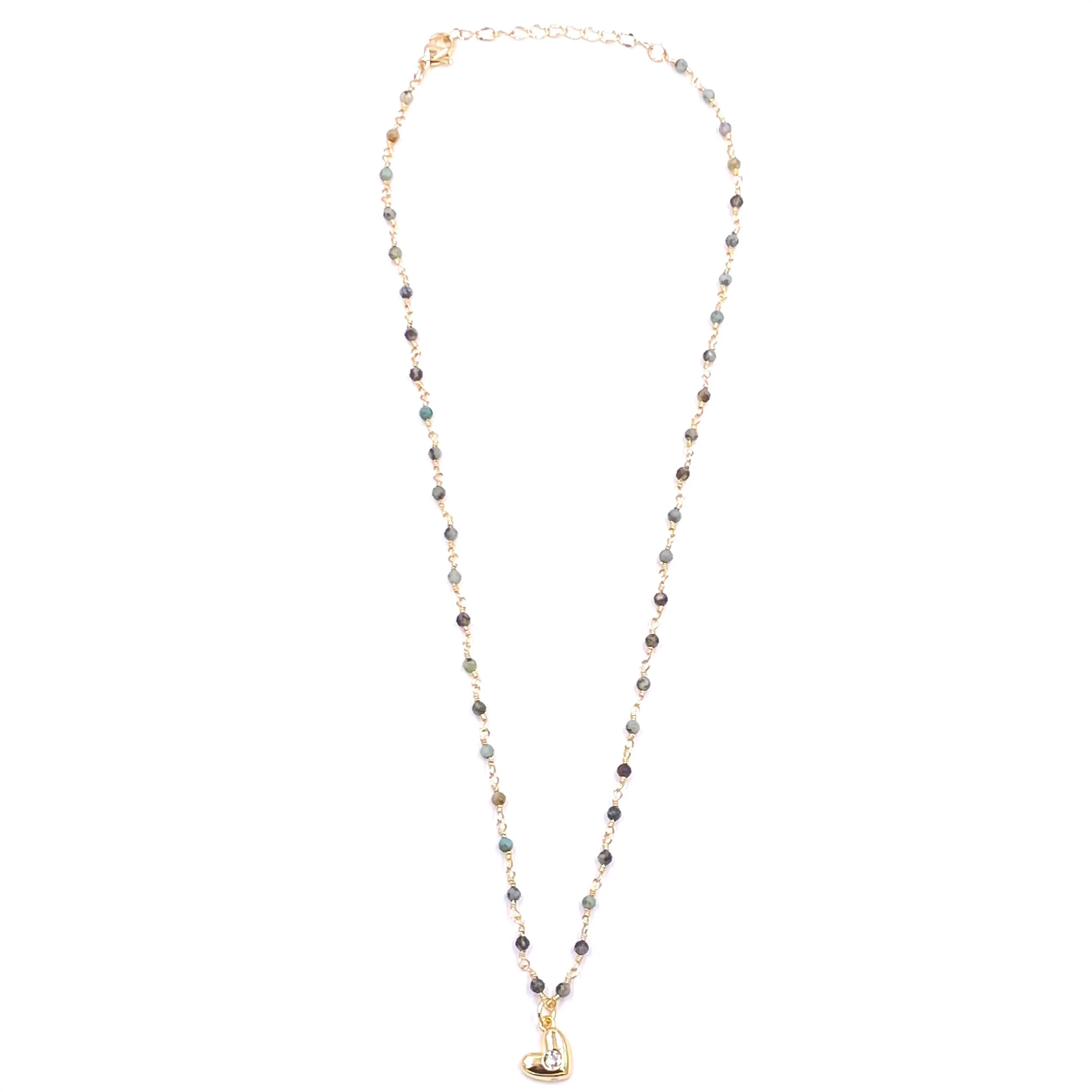 Ashley Gold Stainless Steel Gold Plated Semi Precious Blue Beads With CZ Heart Pendant Necklace