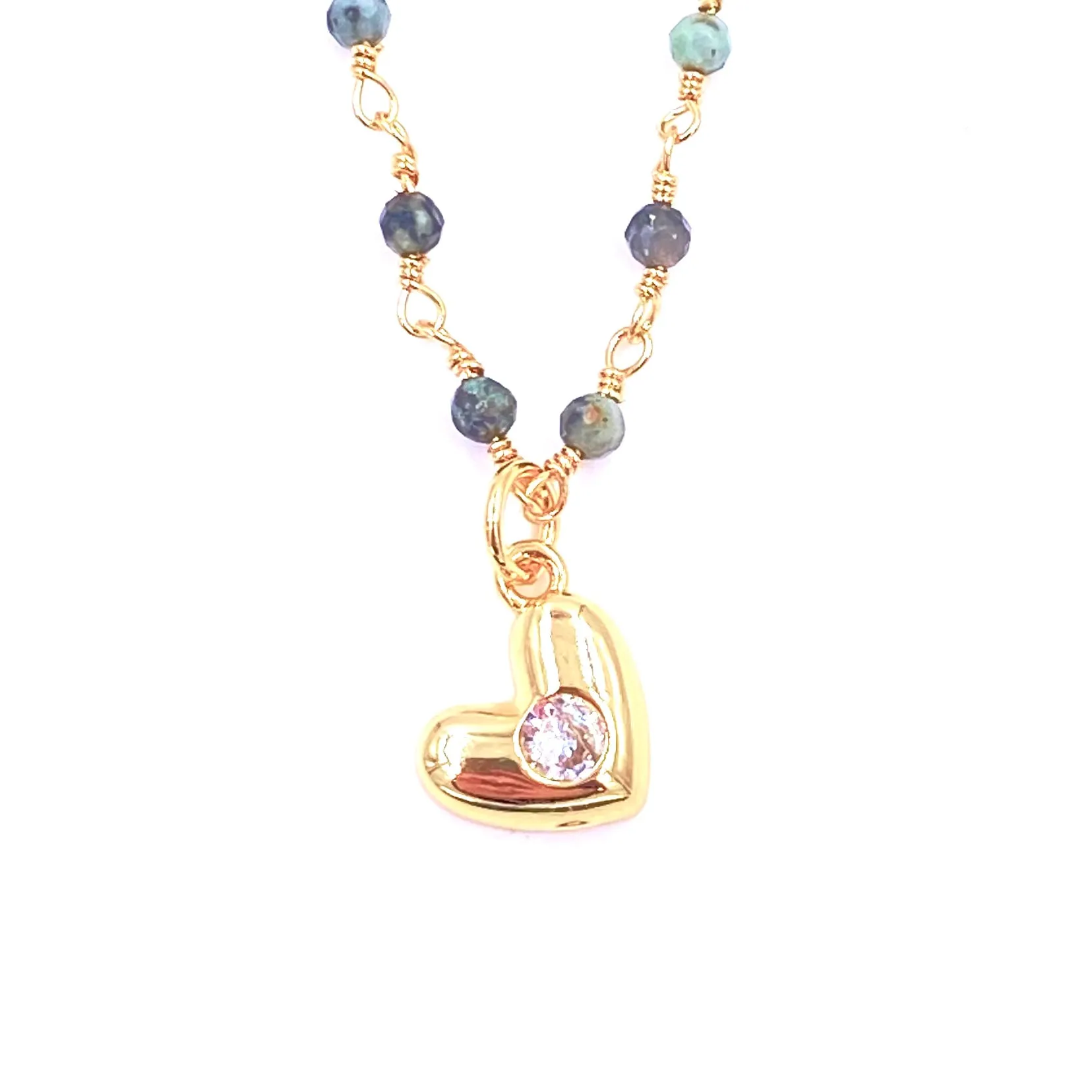 Ashley Gold Stainless Steel Gold Plated Semi Precious Blue Beads With CZ Heart Pendant Necklace