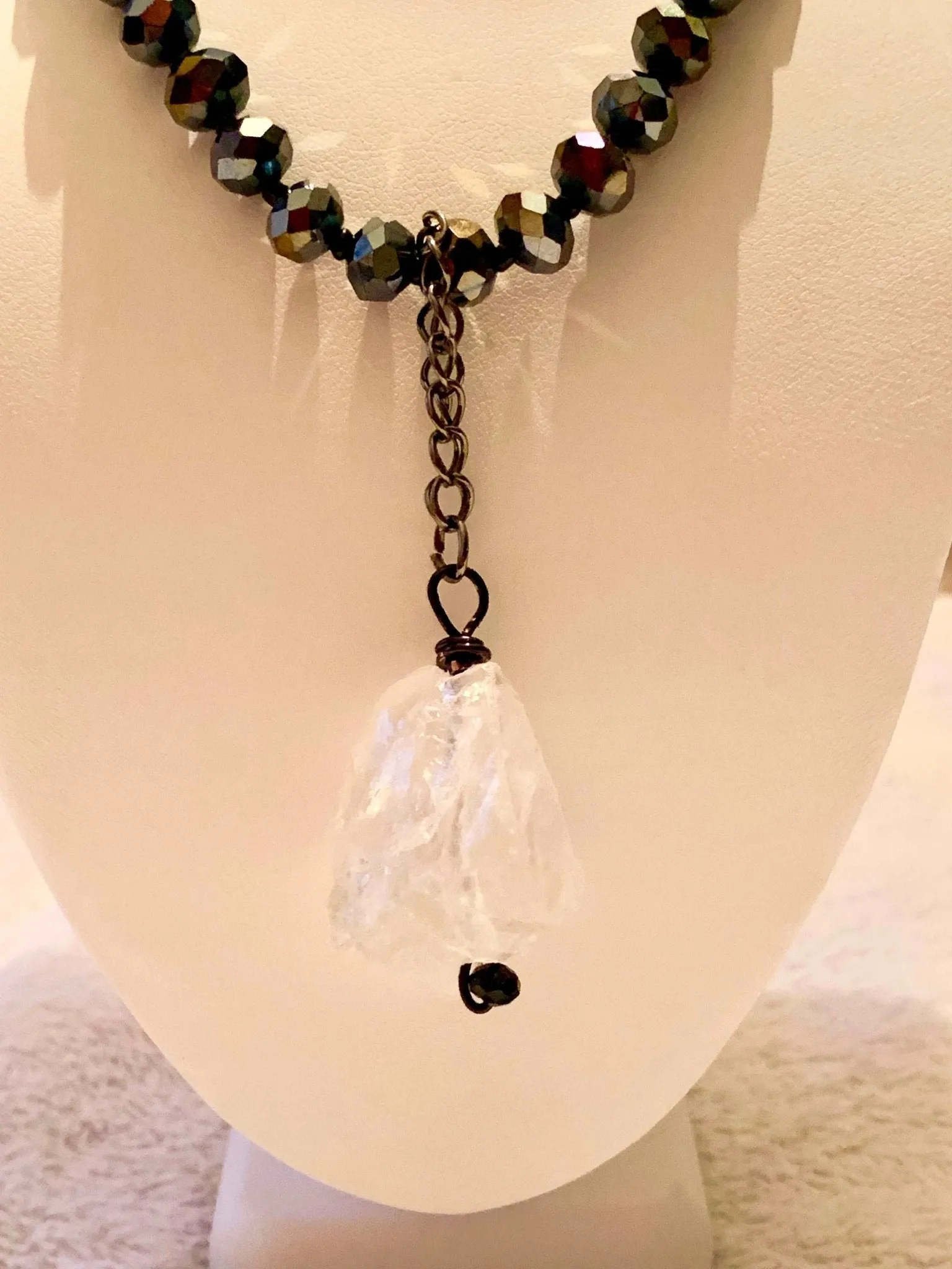 Aurora Handmade Beaded Chocker/ Necklace with a Chunky Raw White Quartz Crystal Pendant