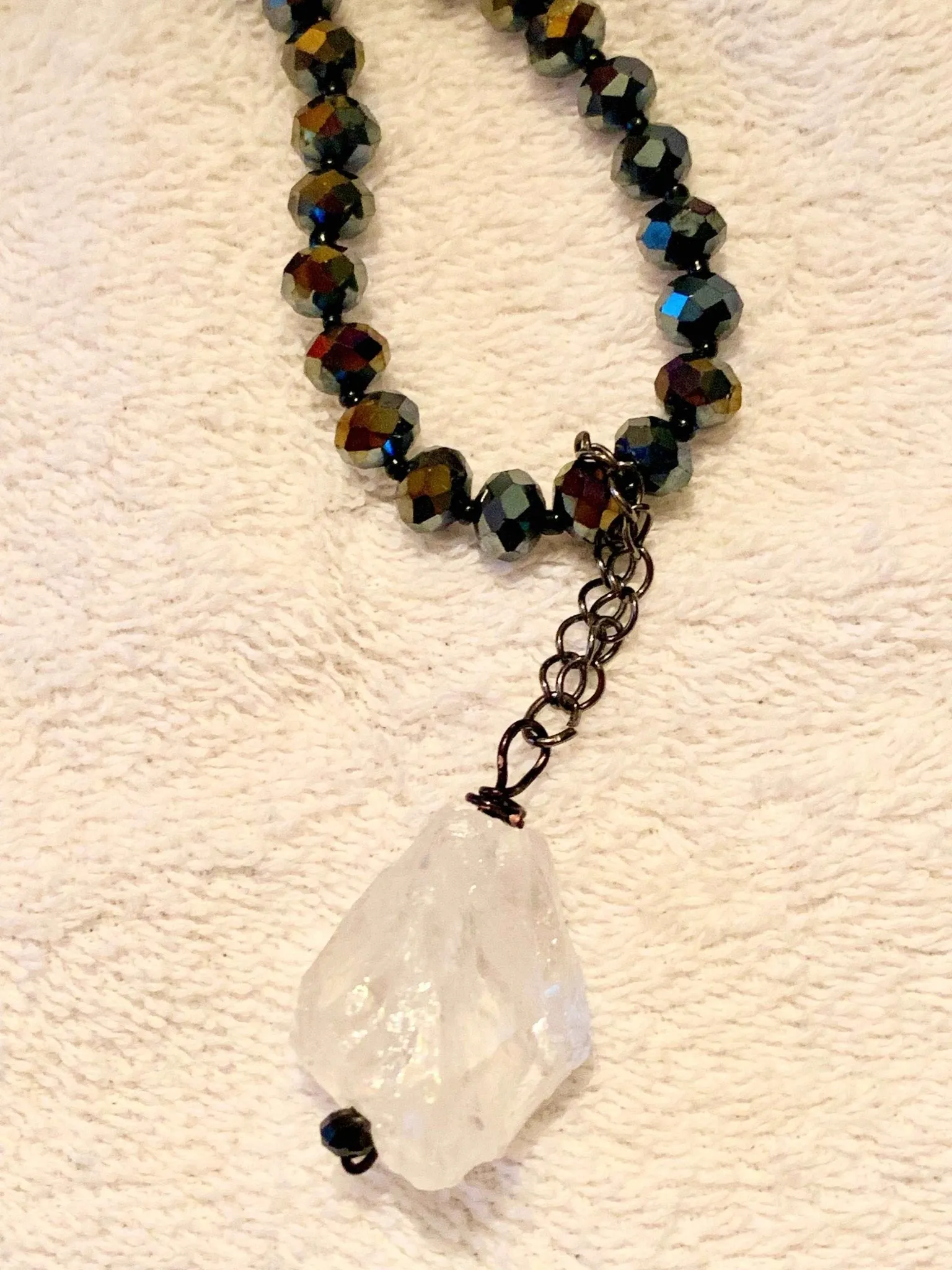 Aurora Handmade Beaded Chocker/ Necklace with a Chunky Raw White Quartz Crystal Pendant