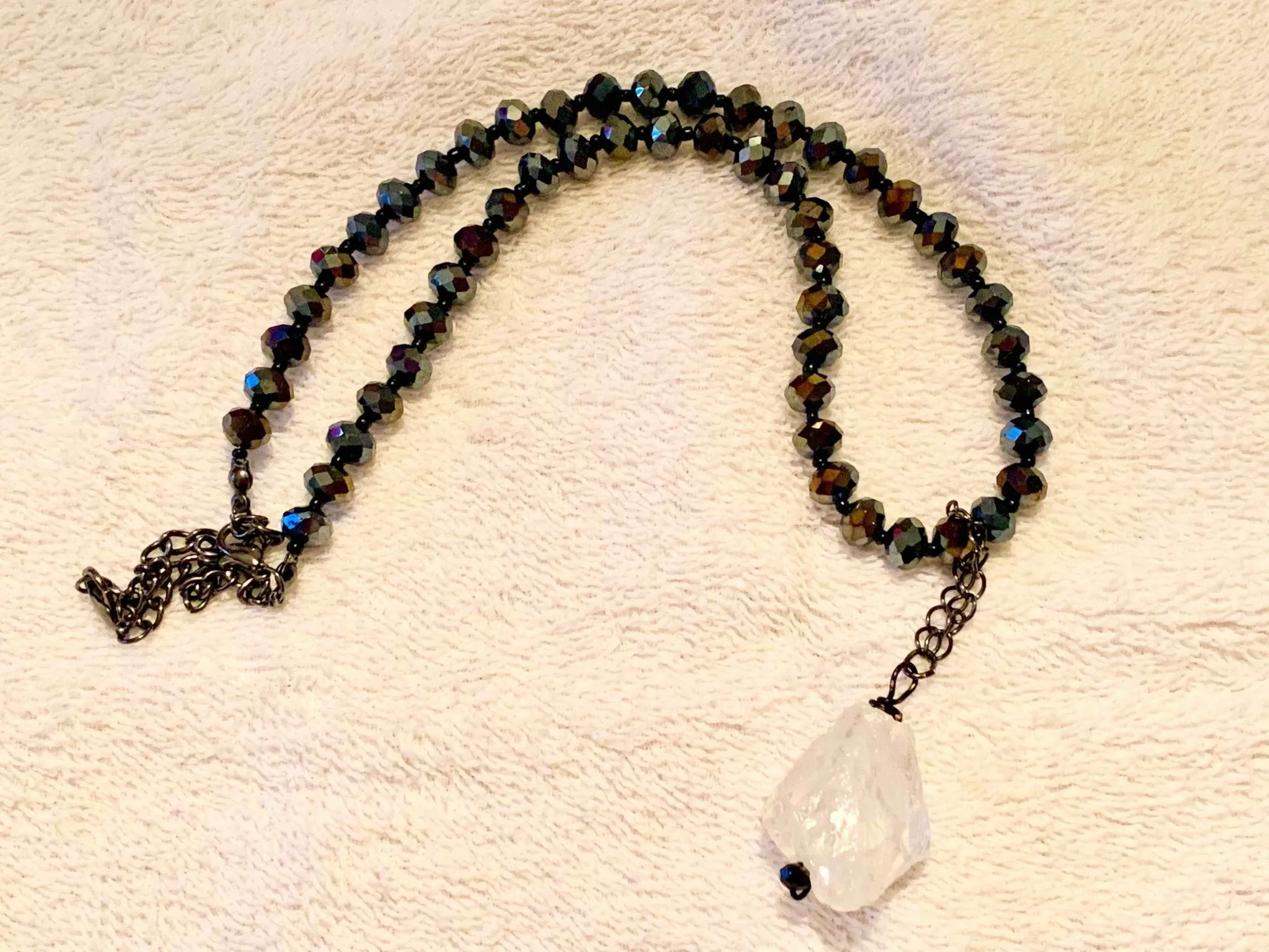 Aurora Handmade Beaded Chocker/ Necklace with a Chunky Raw White Quartz Crystal Pendant