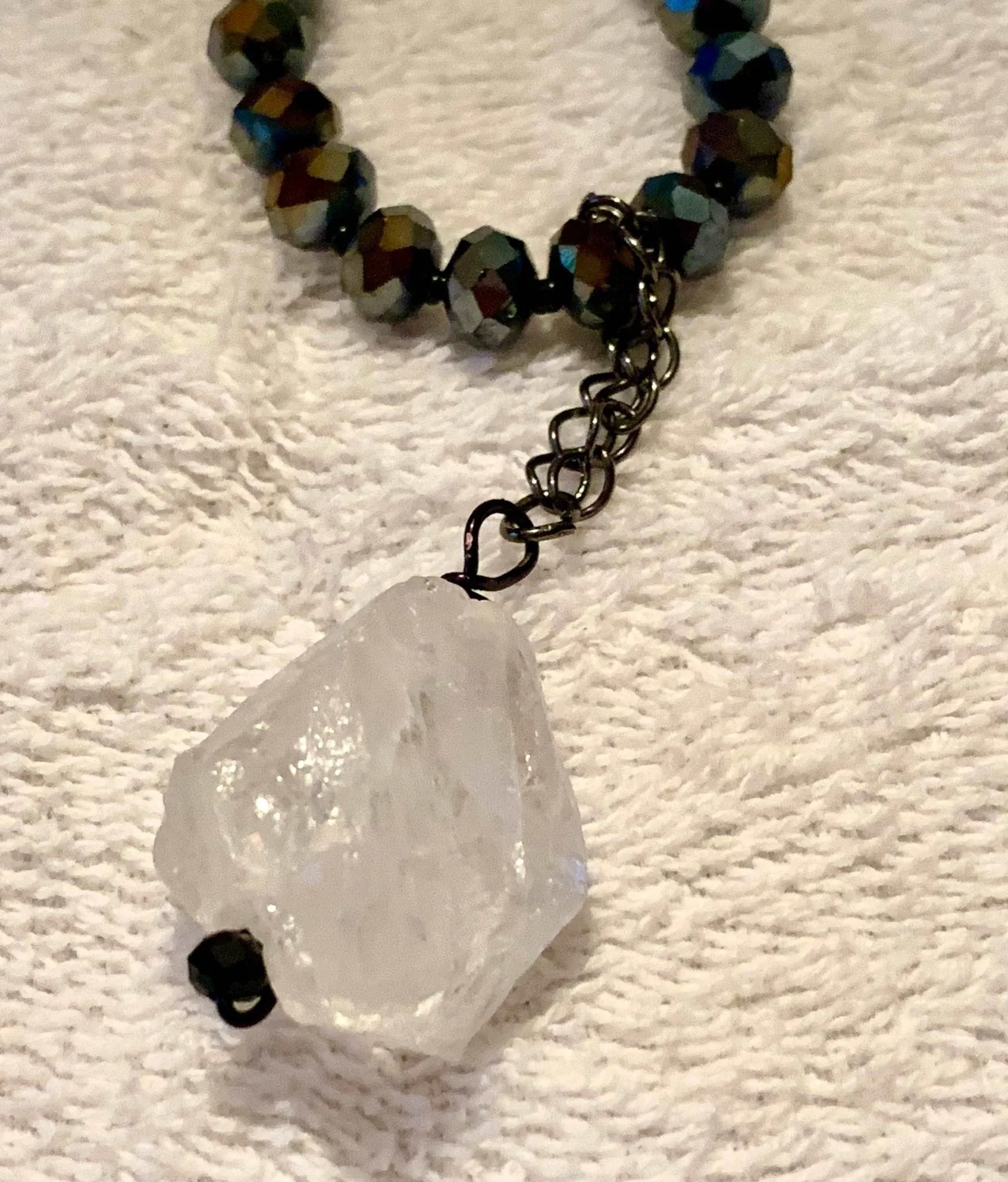 Aurora Handmade Beaded Chocker/ Necklace with a Chunky Raw White Quartz Crystal Pendant