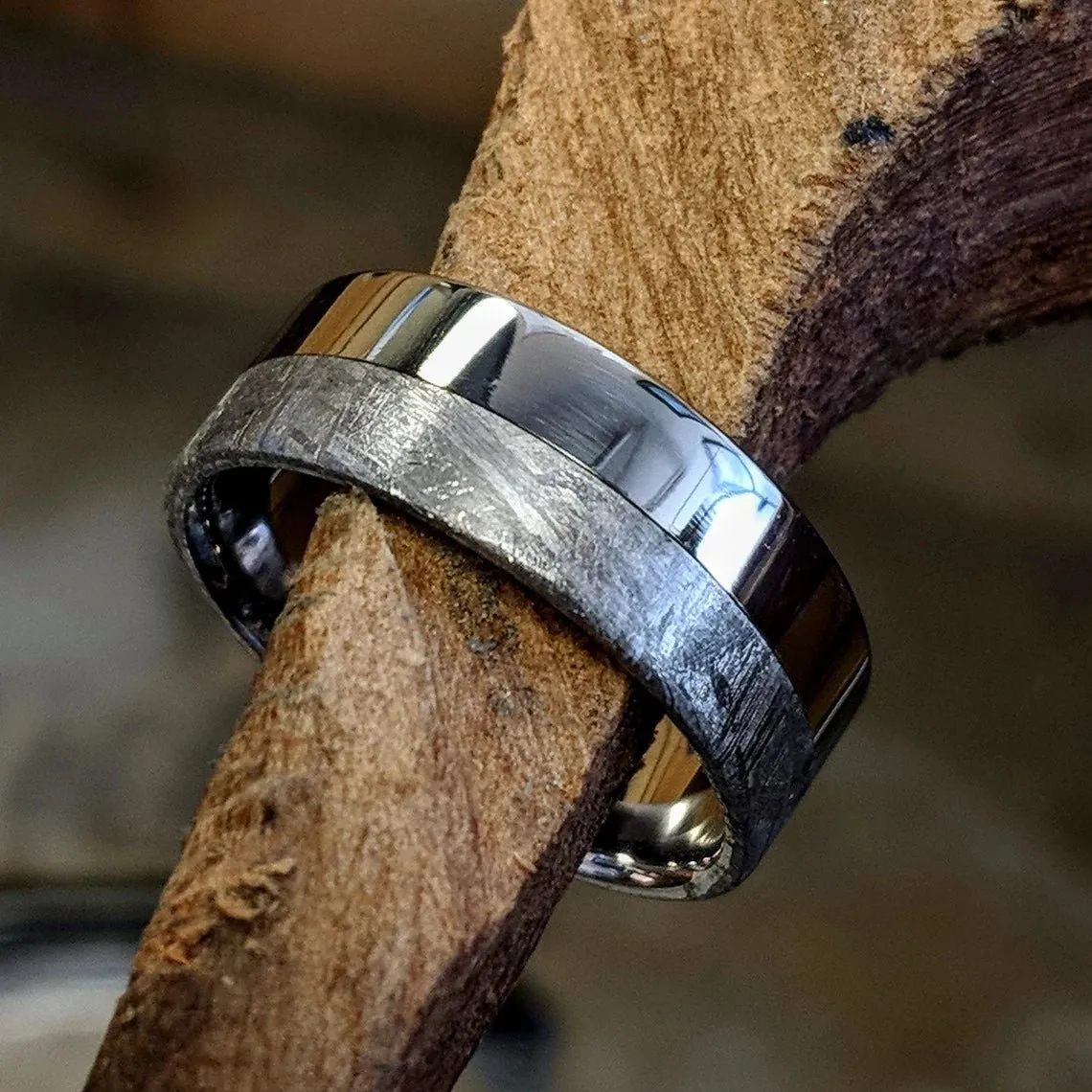 Authentic 8mm Wide Meteorite Wedding Band with Cobalt Chrome Sleeve - Genuine Gibeon Meteorite Rings