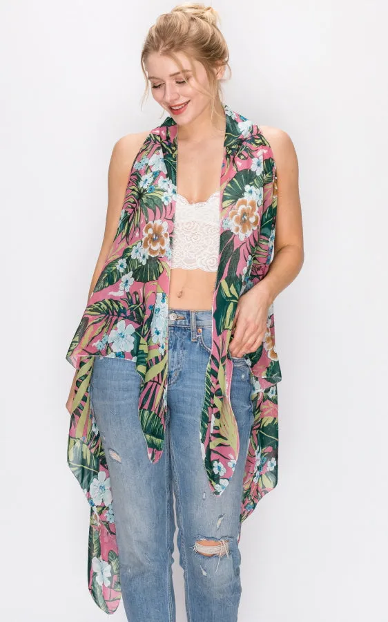 AV397 Floral Printed Scarf Long Vest