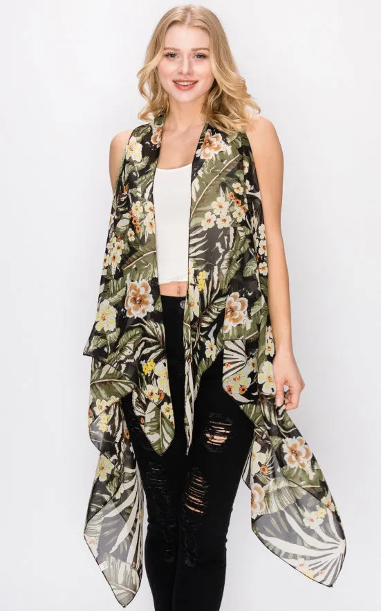 AV397 Floral Printed Scarf Long Vest