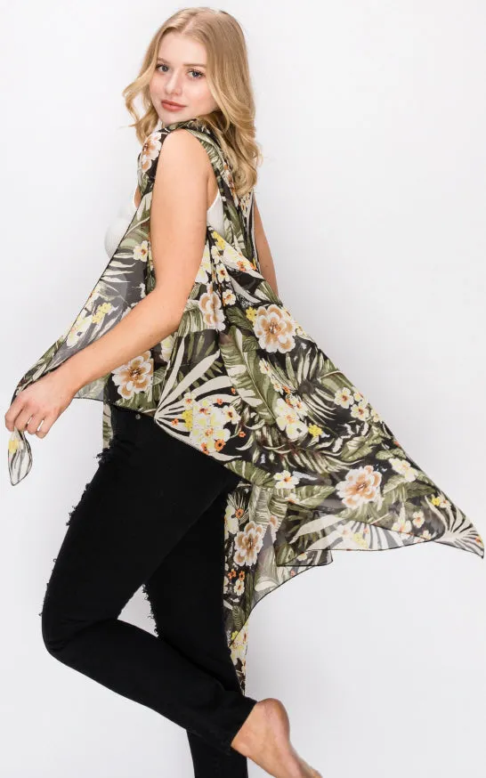 AV397 Floral Printed Scarf Long Vest