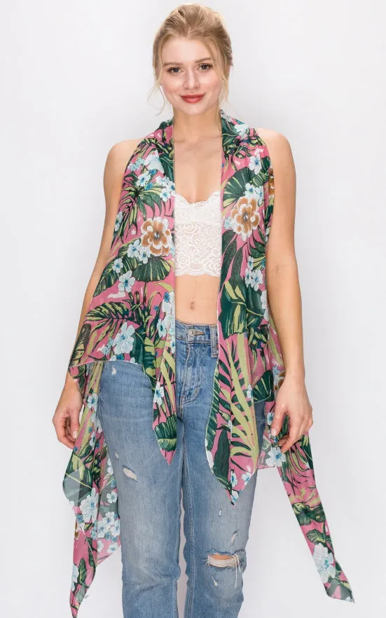 AV397 Floral Printed Scarf Long Vest