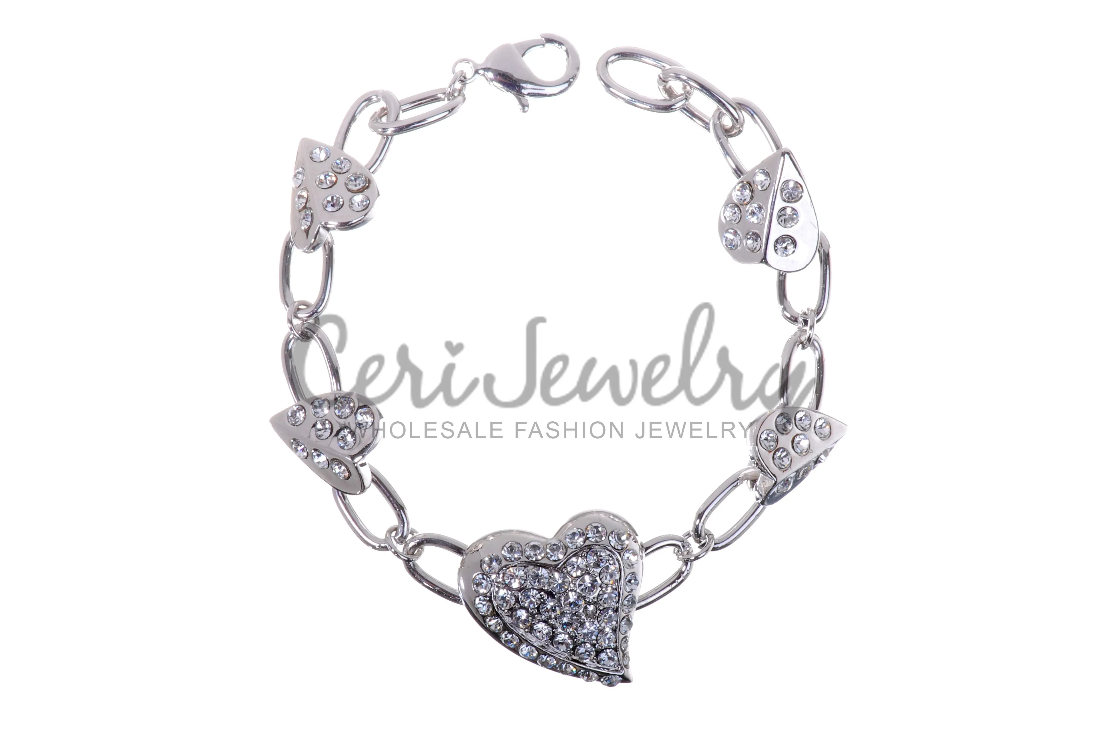 B7111 Heart Link Rhodium Plated Swarovski Elements Chain Bracelet