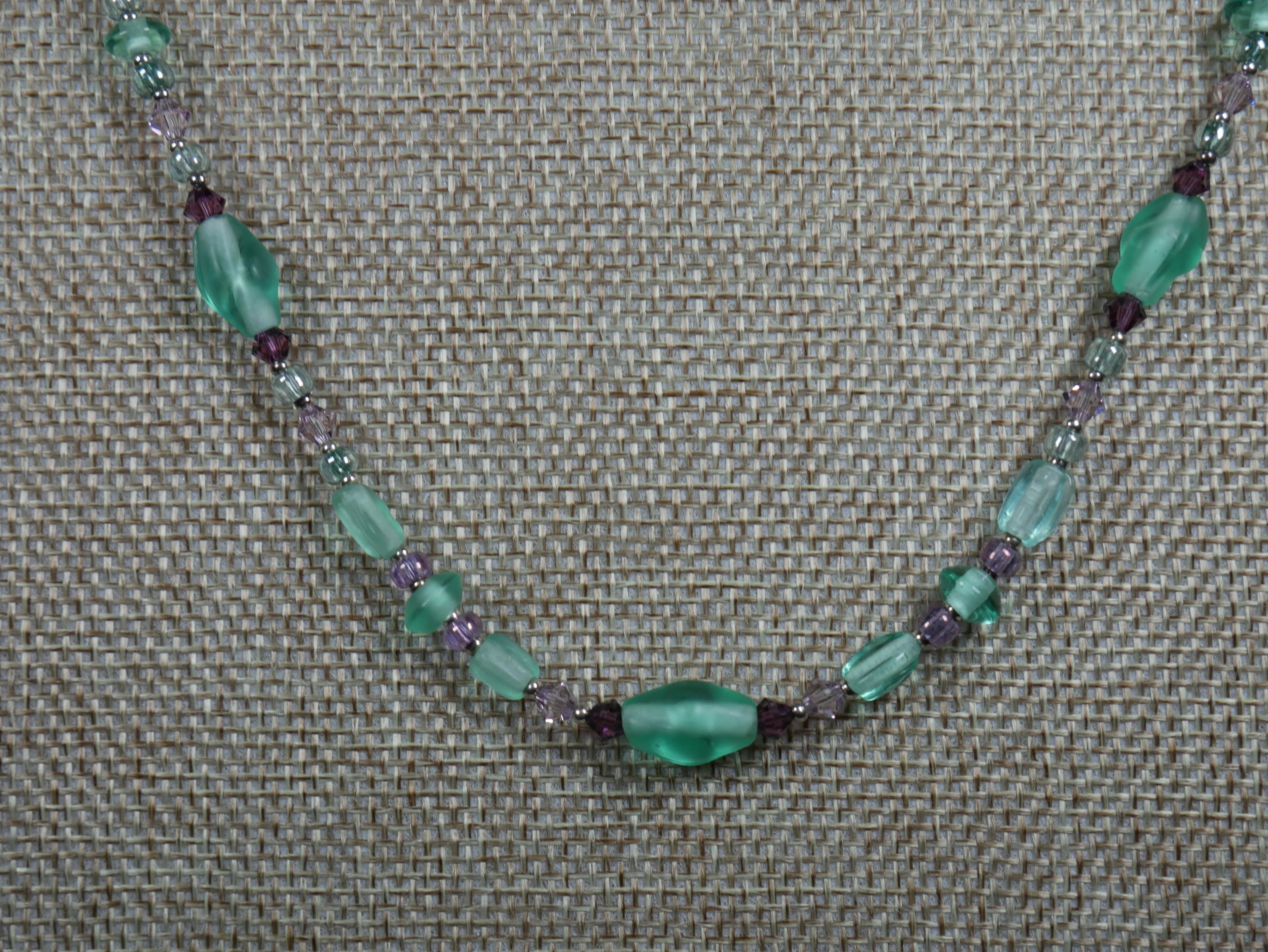 Beaded Necklace with Aqua and Purple Glass Beads and Bicone Crystals