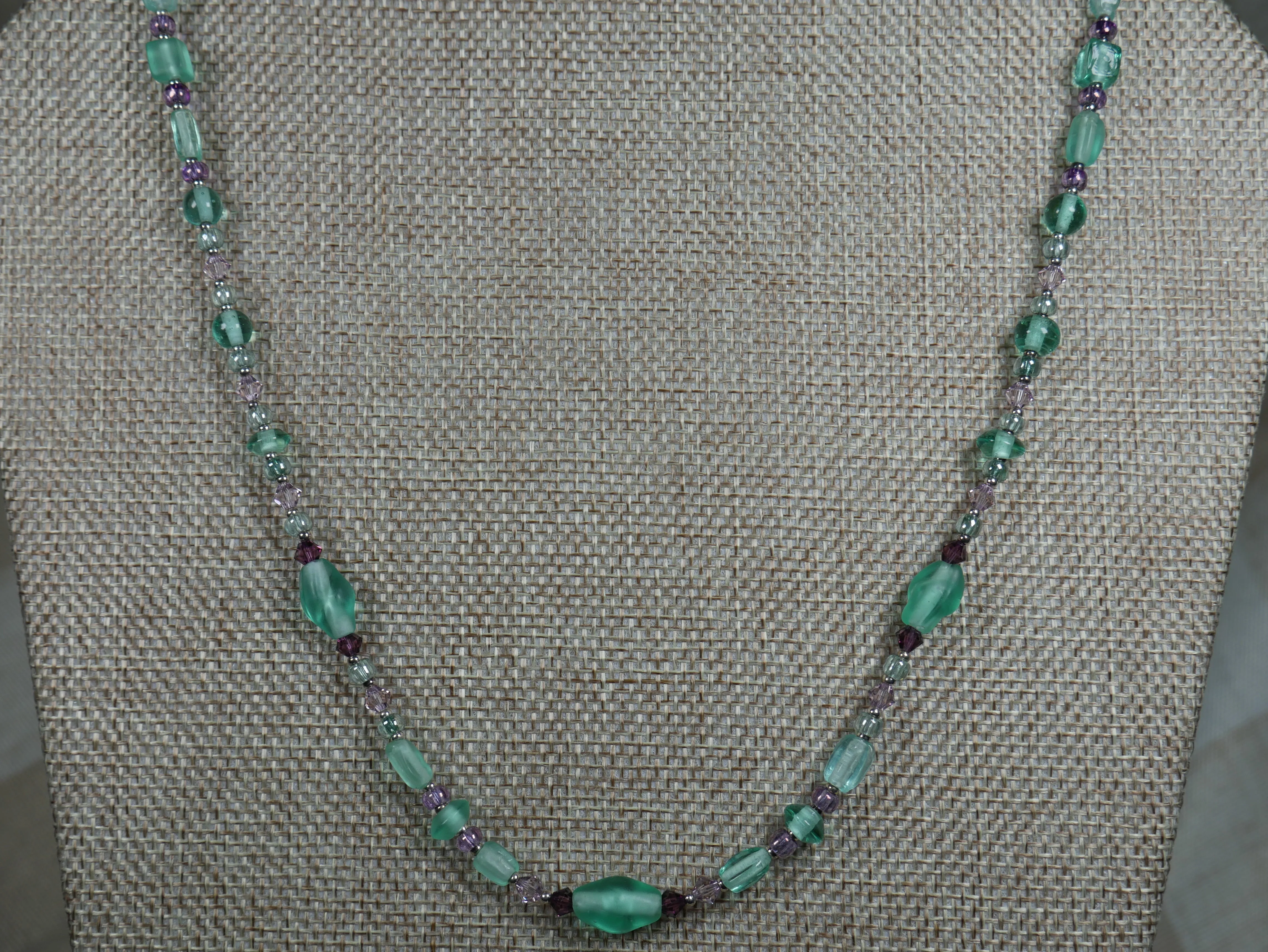 Beaded Necklace with Aqua and Purple Glass Beads and Bicone Crystals