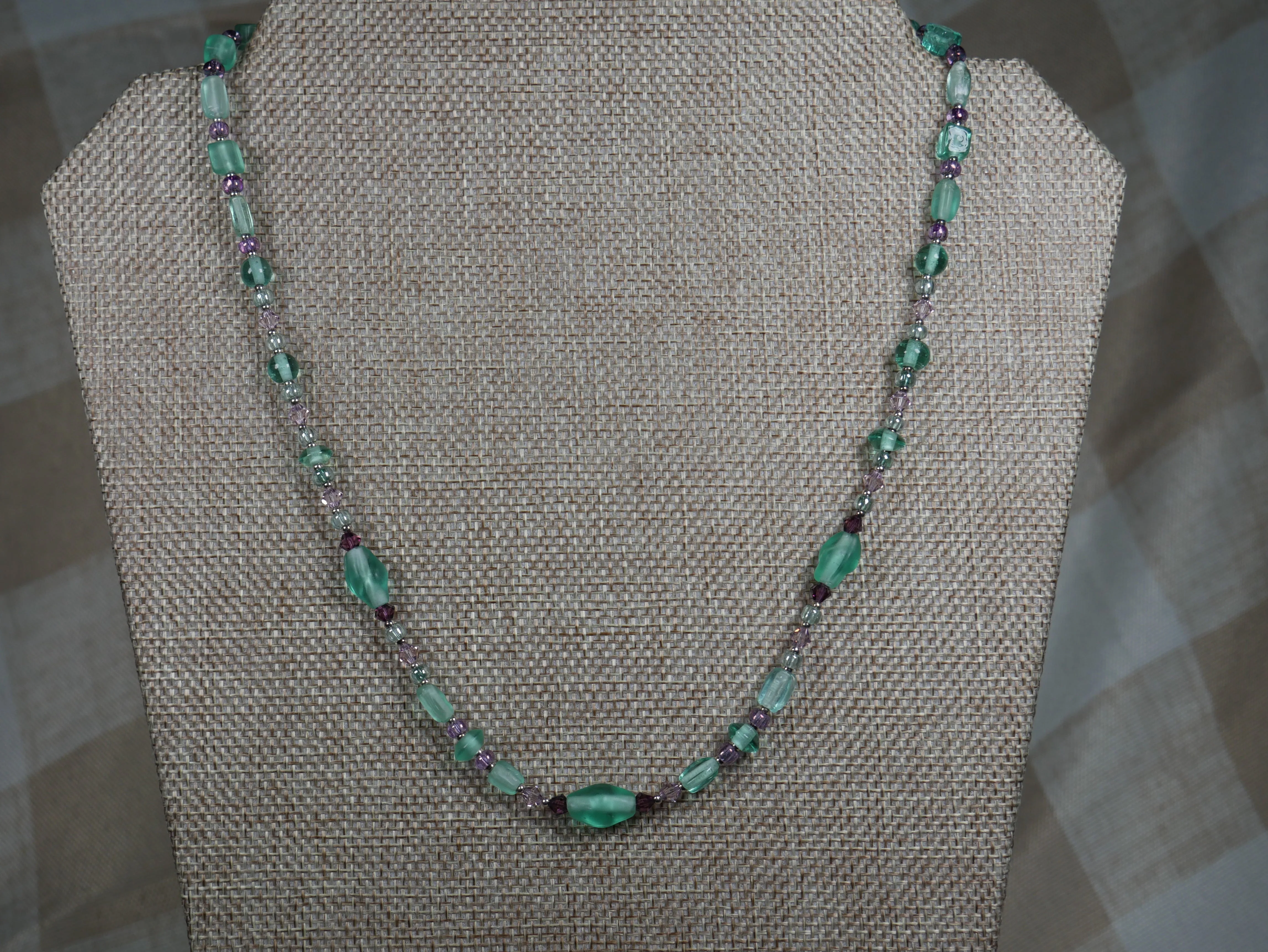 Beaded Necklace with Aqua and Purple Glass Beads and Bicone Crystals