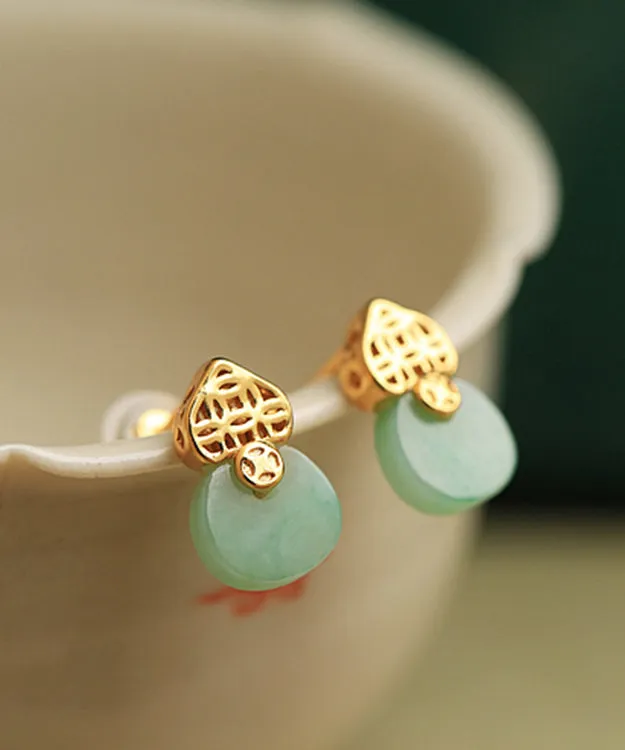 Beautiful Light Green Sterling Silver Overgild Jade Stud Earrings DF1016