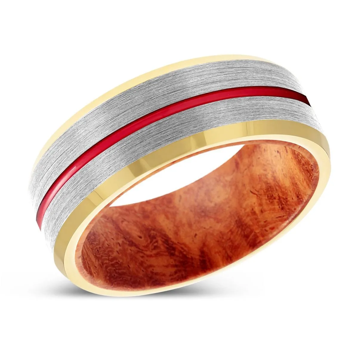 BEDROCK | Red Burl Wood, Silver Tungsten Ring, Red Groove, Gold Beveled Edge