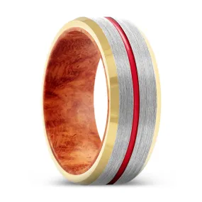 BEDROCK | Red Burl Wood, Silver Tungsten Ring, Red Groove, Gold Beveled Edge