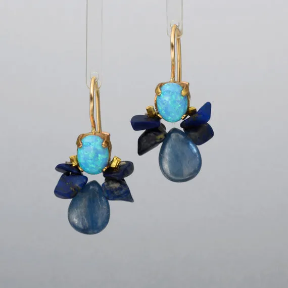 Bee Earrings with Lab Opal and Lapis in Copper