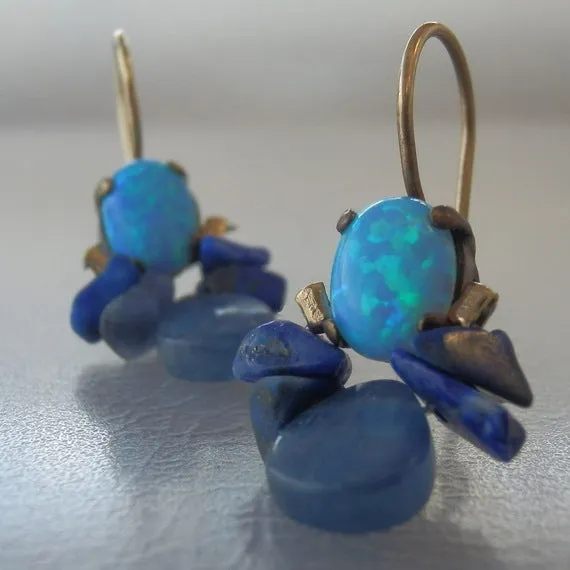 Bee Earrings with Lab Opal and Lapis in Copper