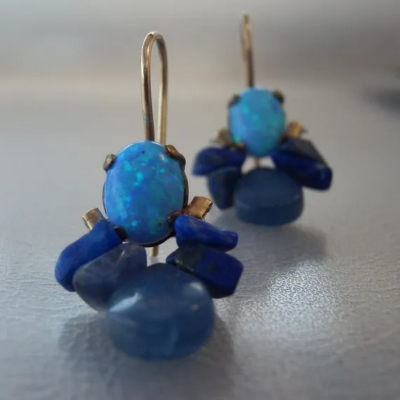 Bee Earrings with Lab Opal and Lapis in Copper