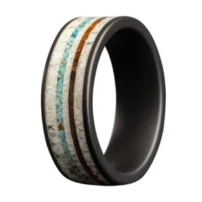 Black Ceramic Mens 6MM Ring with Antler, Ironwood, and Crushed Turquoise - Size 10