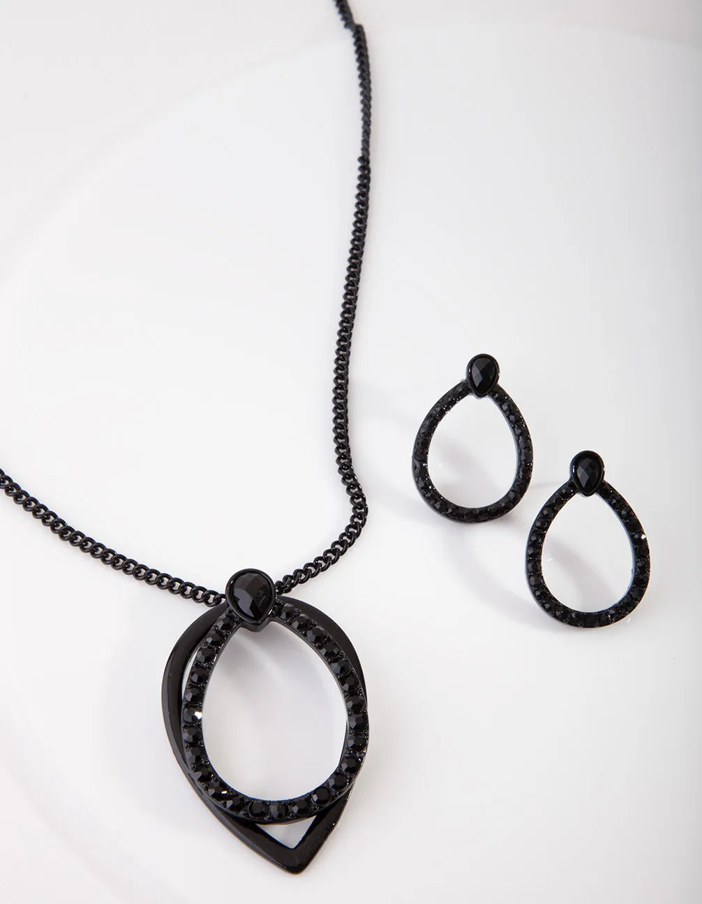 Black Gemstone Teardrop Necklace Earring Set