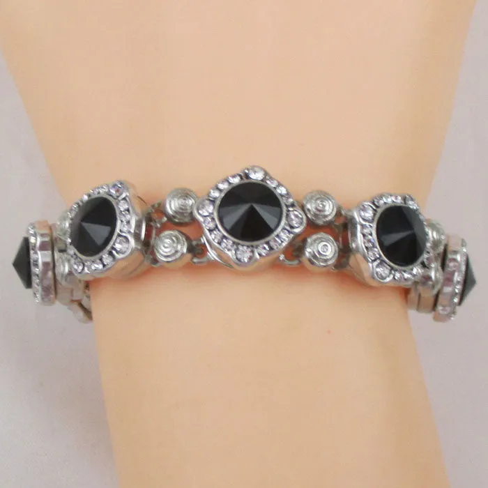 Black Rhinestone Silver Bangle Bracelet