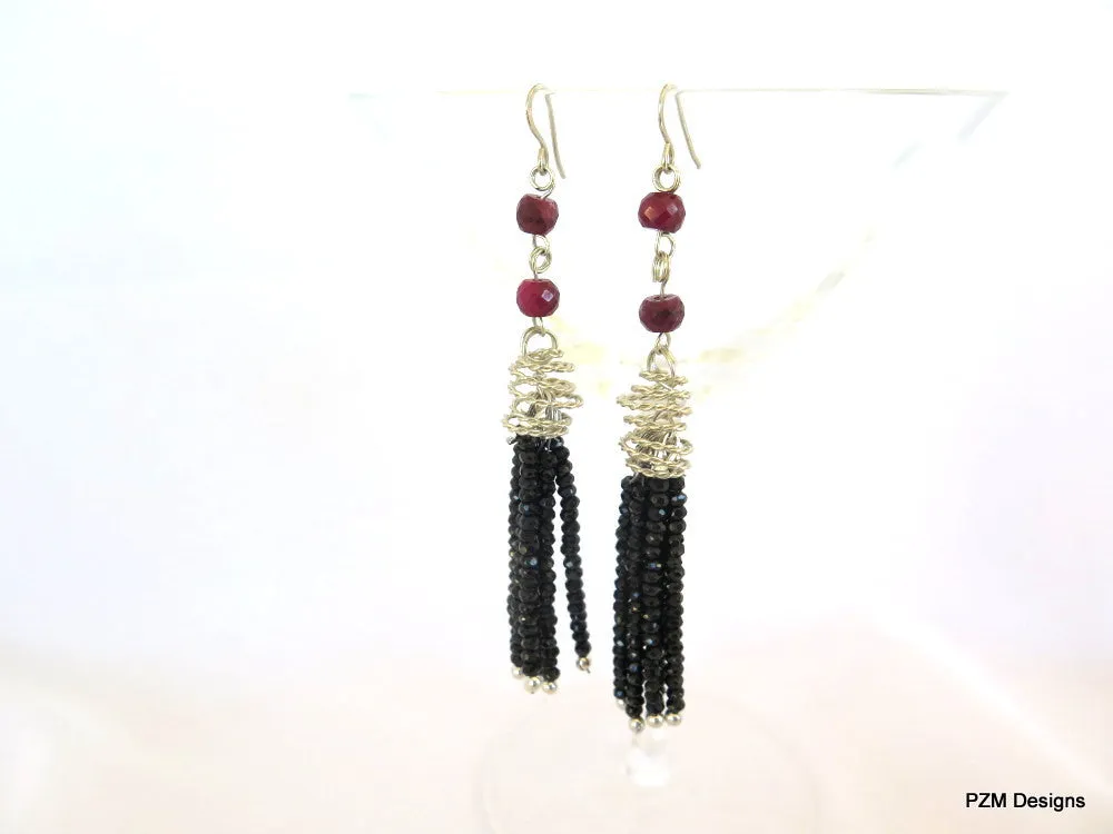 Black Spinel and Ruby Tassel Earrings