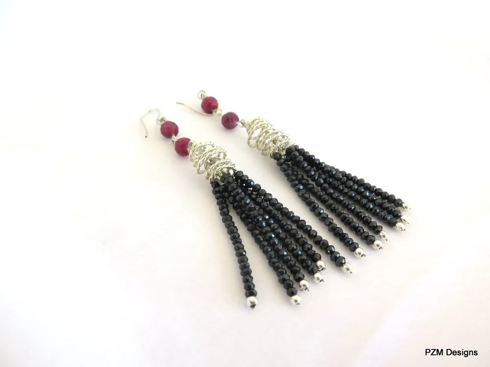 Black Spinel and Ruby Tassel Earrings