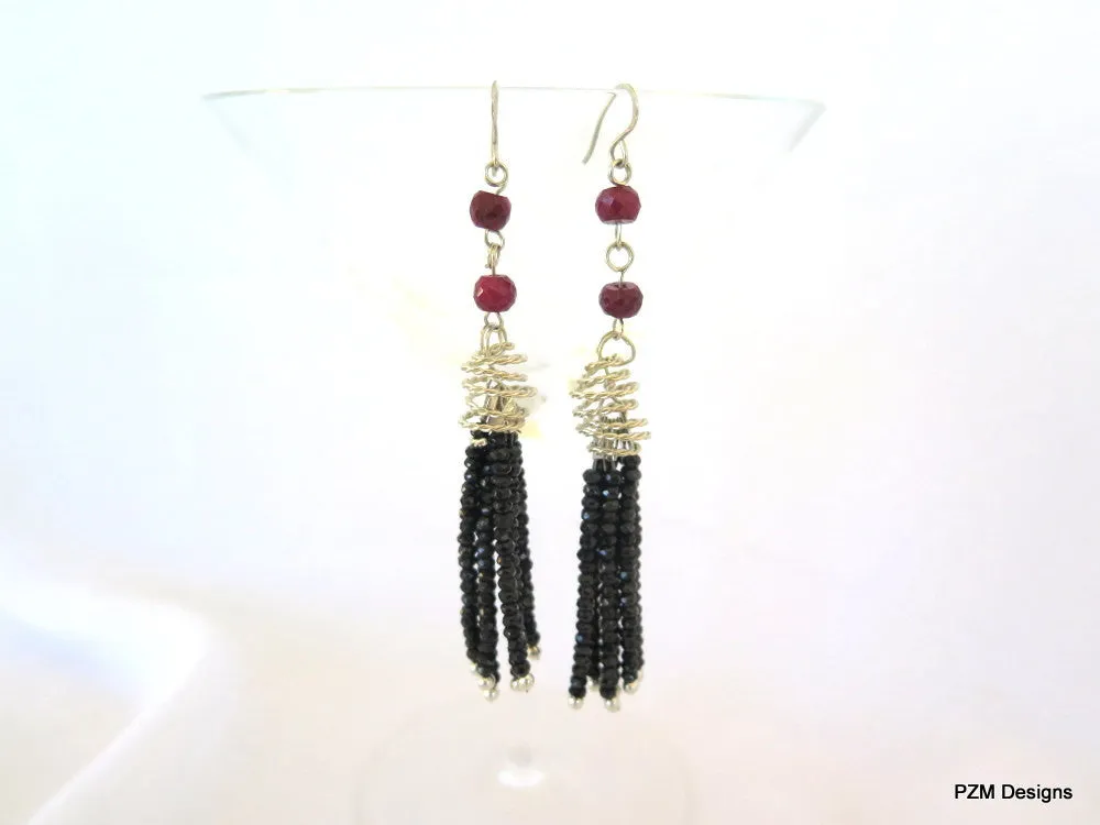 Black Spinel and Ruby Tassel Earrings