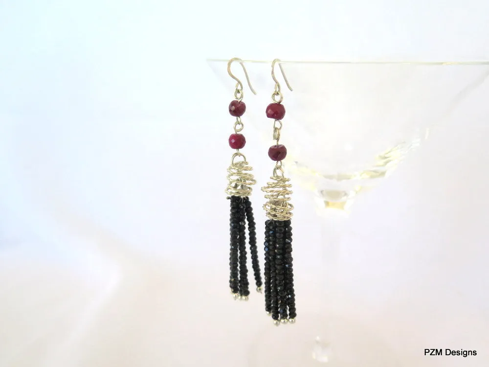 Black Spinel and Ruby Tassel Earrings