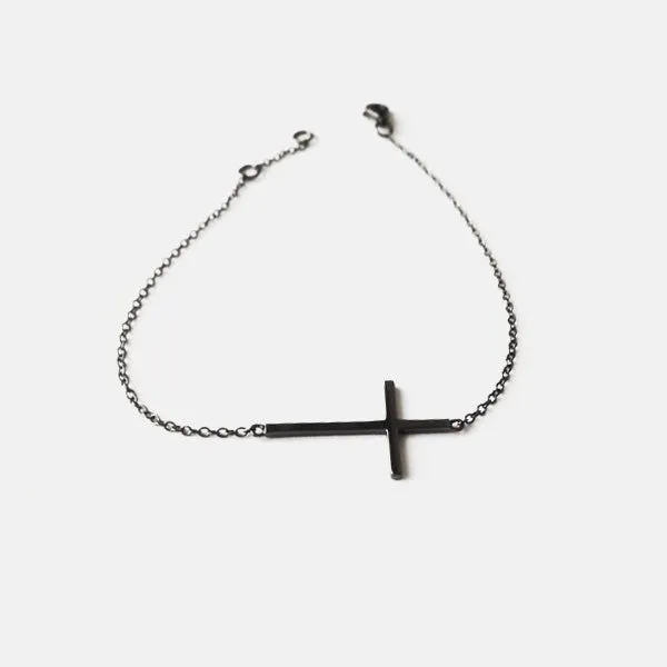 Blackened Silver Horizontal Cross Bracelet 7 inch