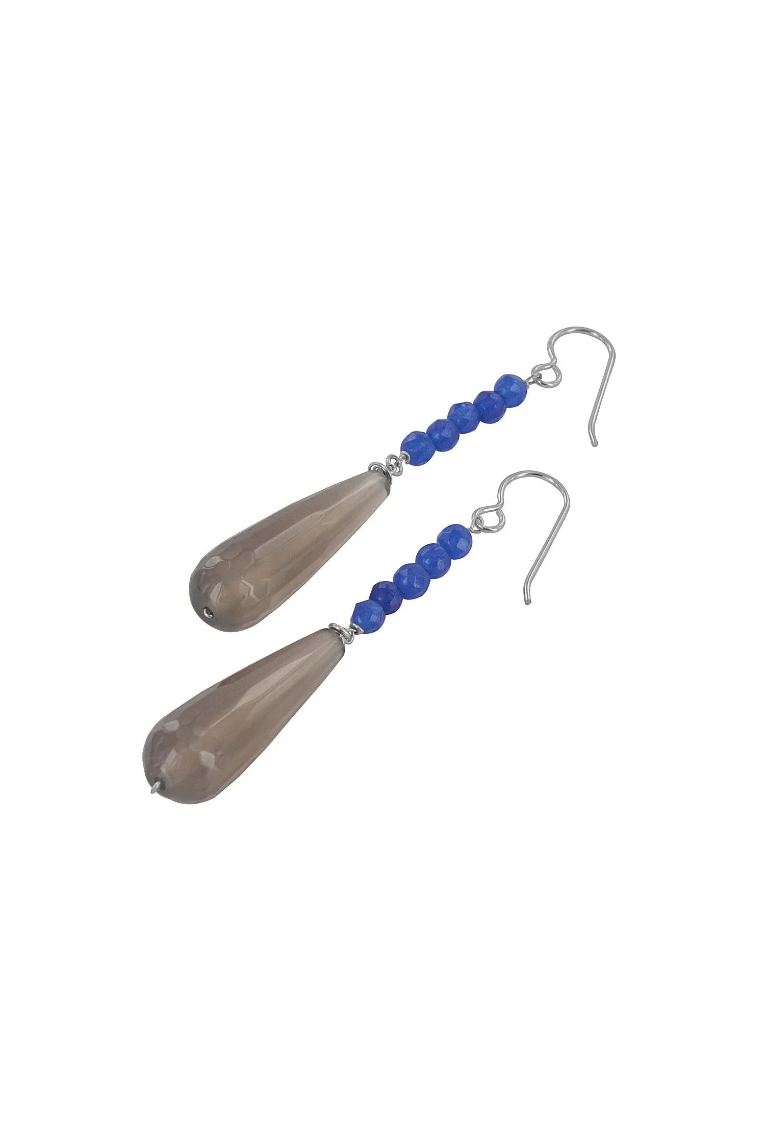 Blue Jade , Gray Agate Briolette Long Gemstone Earrings