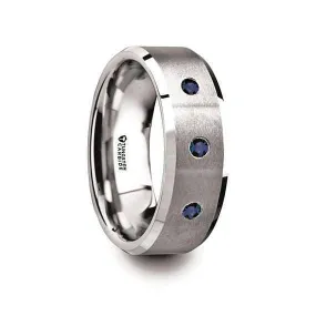 Blue Sapphires Silver Tungsten Wedding Ring Brushed Beveled Edges with 3 Blue Sapphires - 8mm