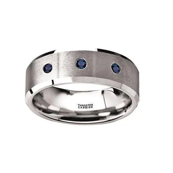 Blue Sapphires Silver Tungsten Wedding Ring Brushed Beveled Edges with 3 Blue Sapphires - 8mm