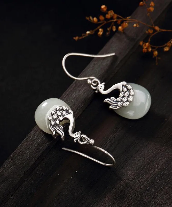 Boho Sterling Silver Legendary Phoenix Jade Drop Earrings