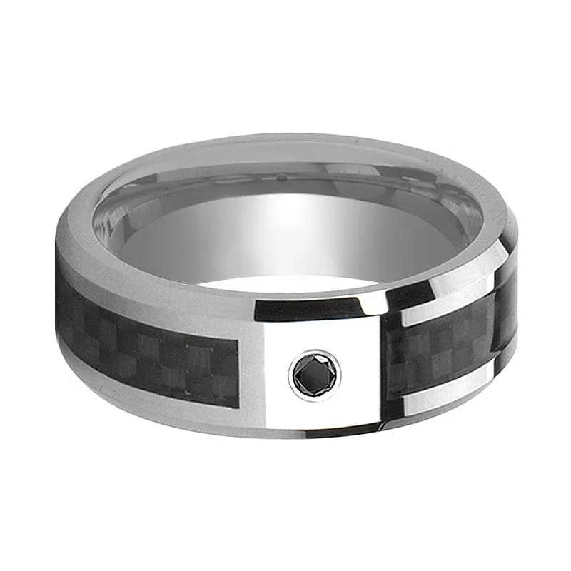 BRAHMA | Silver Tungsten Ring, Black Carbon Fiber, Black Diamond, Beveled