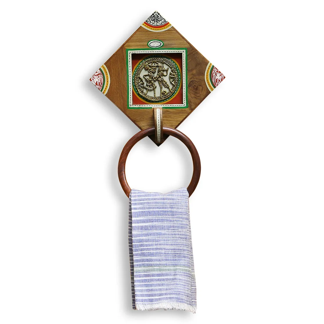 'Brass-y On Wood' Warli Handpainted Sheesham Wood Towel Holder with Dhokra Motif