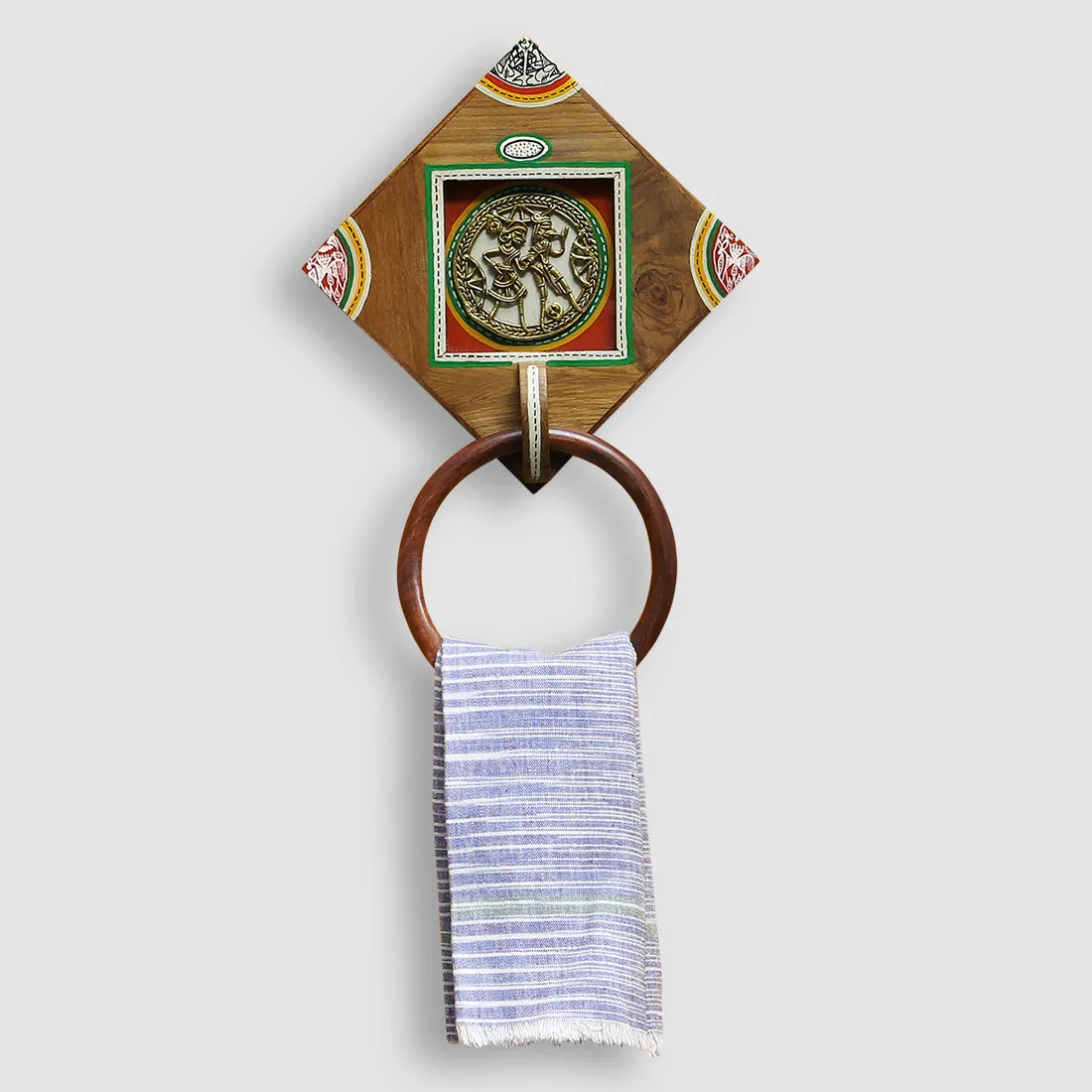 'Brass-y On Wood' Warli Handpainted Sheesham Wood Towel Holder with Dhokra Motif