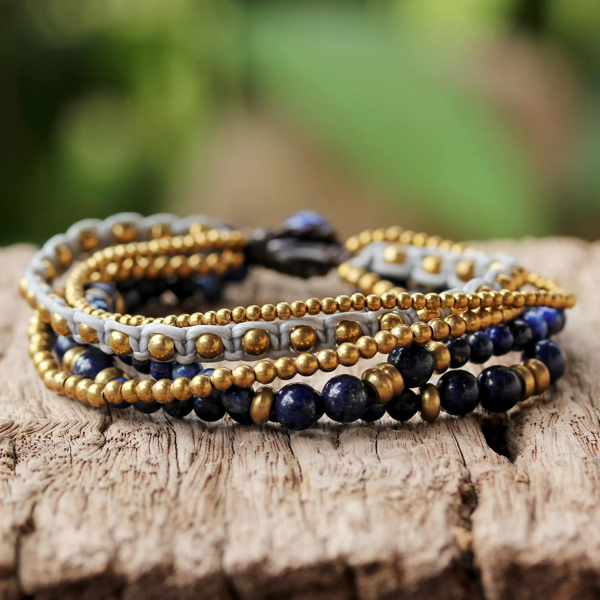 Brisk Ocean Brass and Lapis Lazuli Multi-Strand Beaded Bracelet