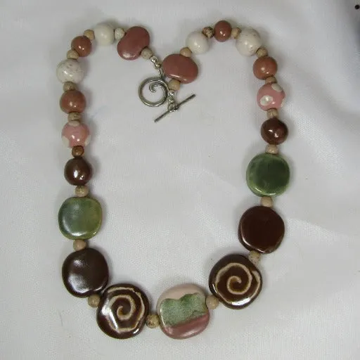 Brown & Green Handmade Fair Trade Bead Kazuri Necklace