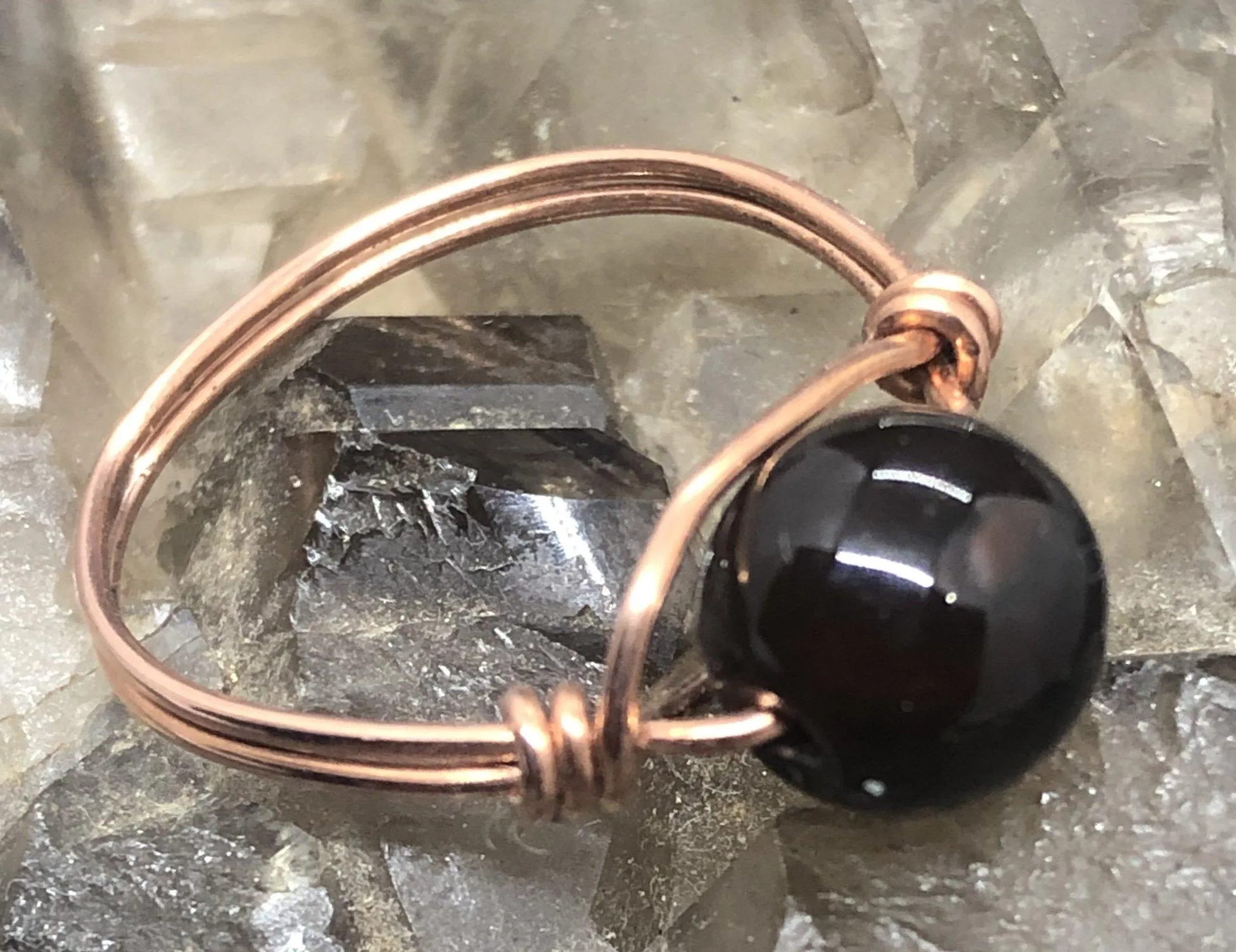 Brown Black Agate Copper Bead Ring