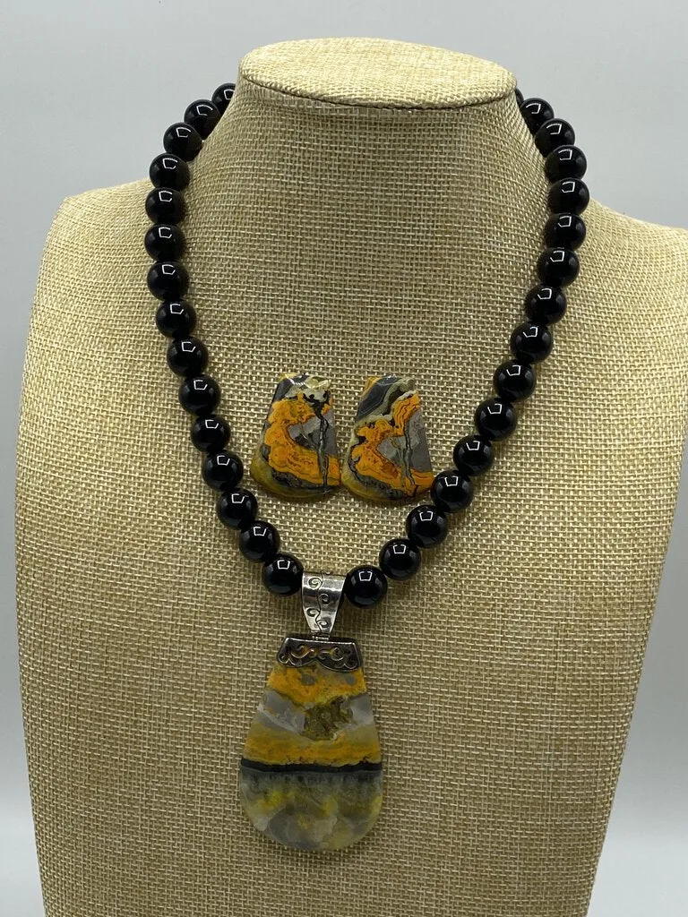 Bumble Bee Jasper Gemstone Pendant, Earrings, Black Bead Necklace .925 Clasp /ro