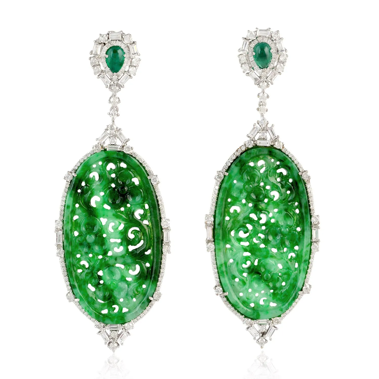 Carved Green Jade Pear Cut Emerald Baguette Diamond Beautiful Danglers in 18k White Gold