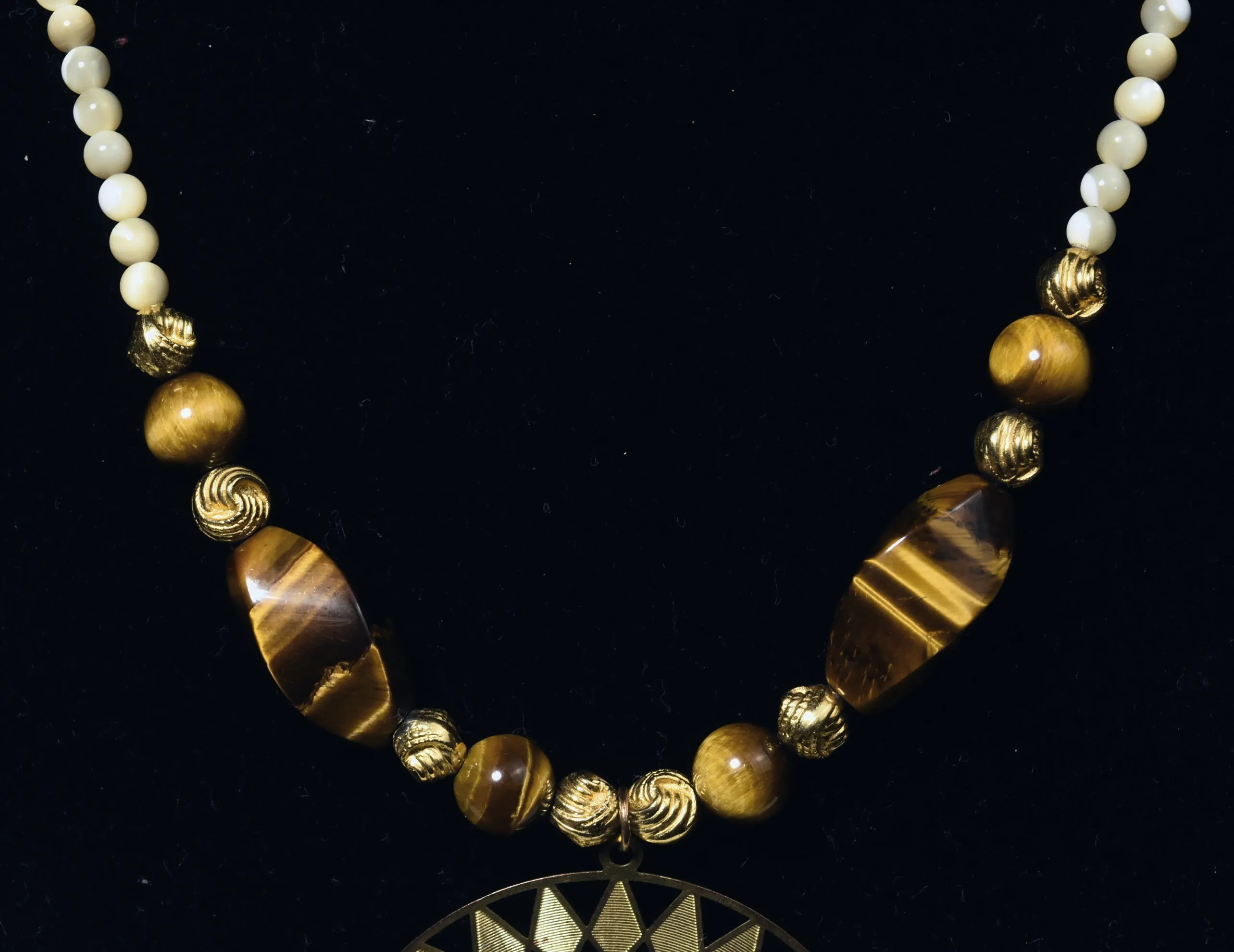 Carved Shell Bead, Brass and Tiger's Eye Necklace with Brass Pendant