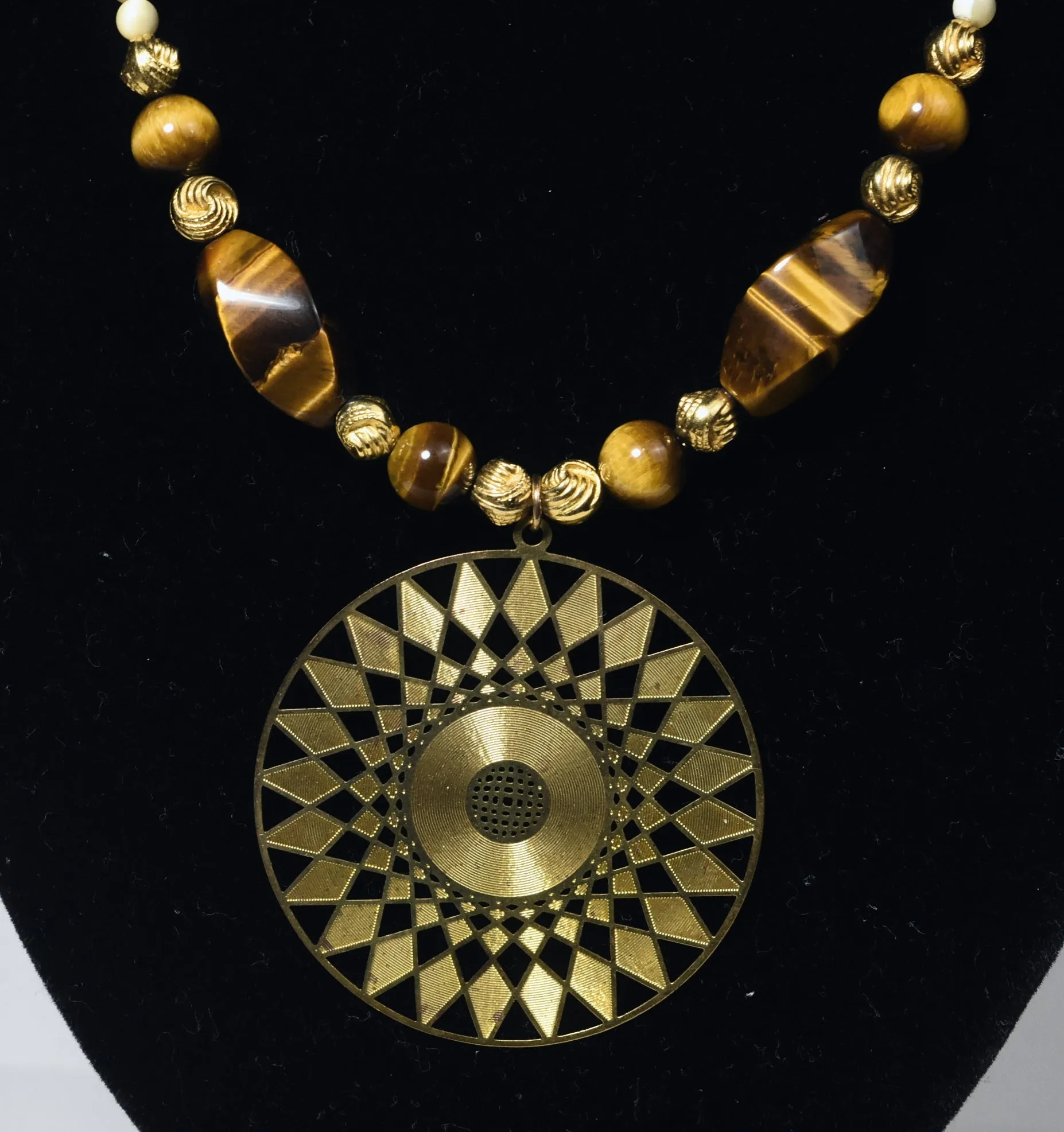 Carved Shell Bead, Brass and Tiger's Eye Necklace with Brass Pendant