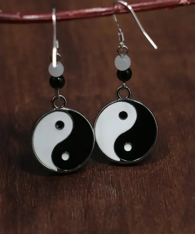 Casual Black And White Sterling Silver Jade Tai Chi Circular Drop Earrings LY8570