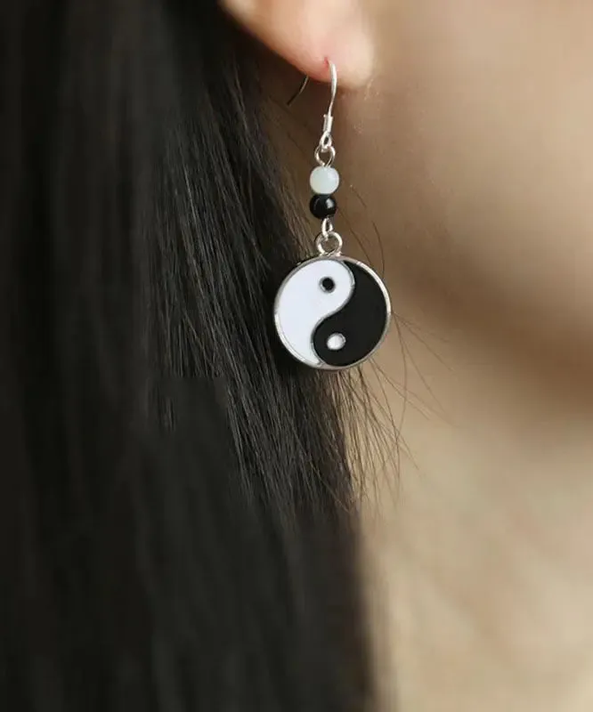 Casual Black And White Sterling Silver Jade Tai Chi Circular Drop Earrings LY8570