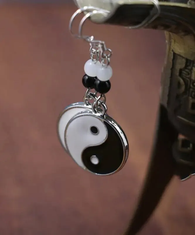 Casual Black And White Sterling Silver Jade Tai Chi Circular Drop Earrings LY8570