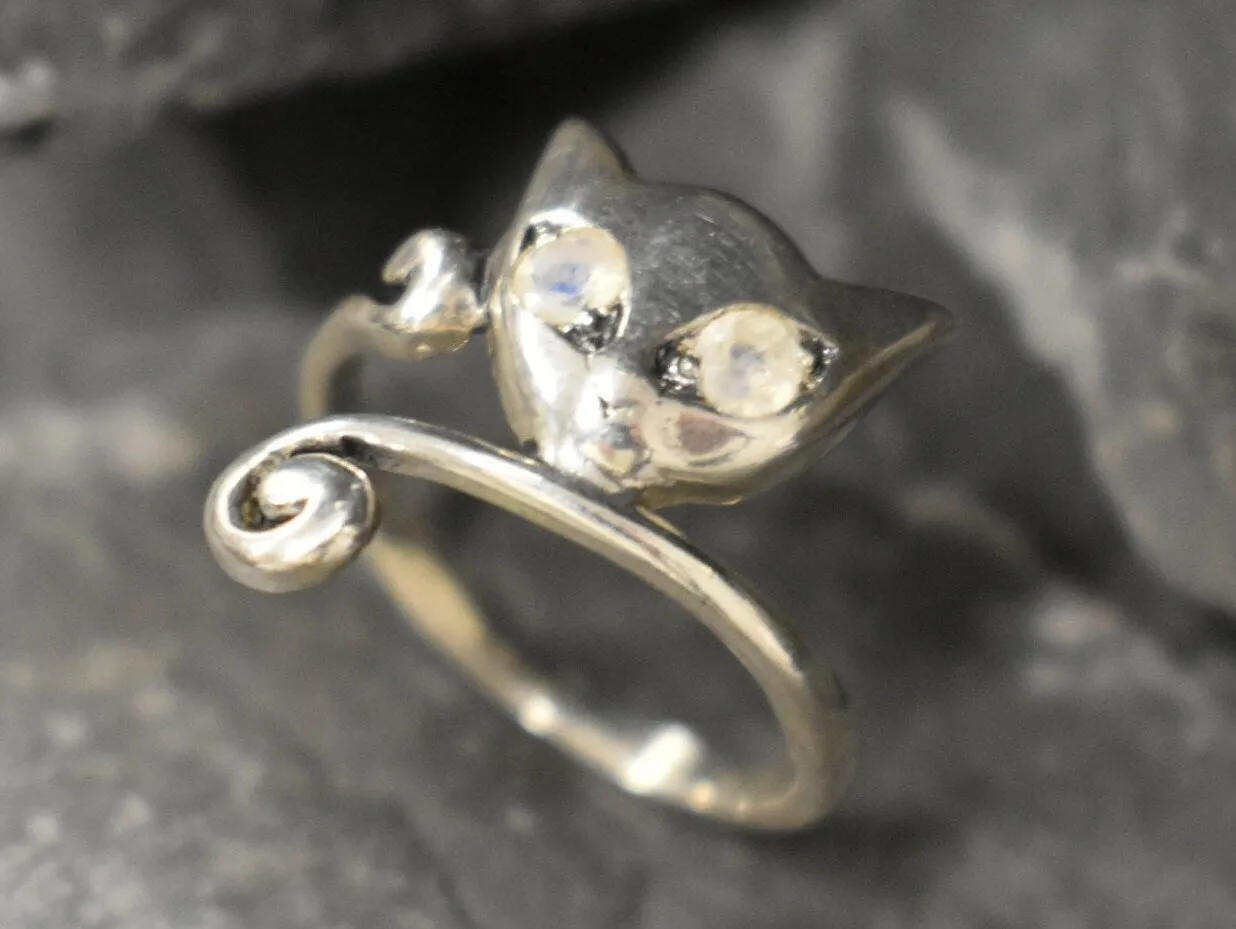 Cat Silver Ring - Moonstone Cat Ring - Cat Lover Ring