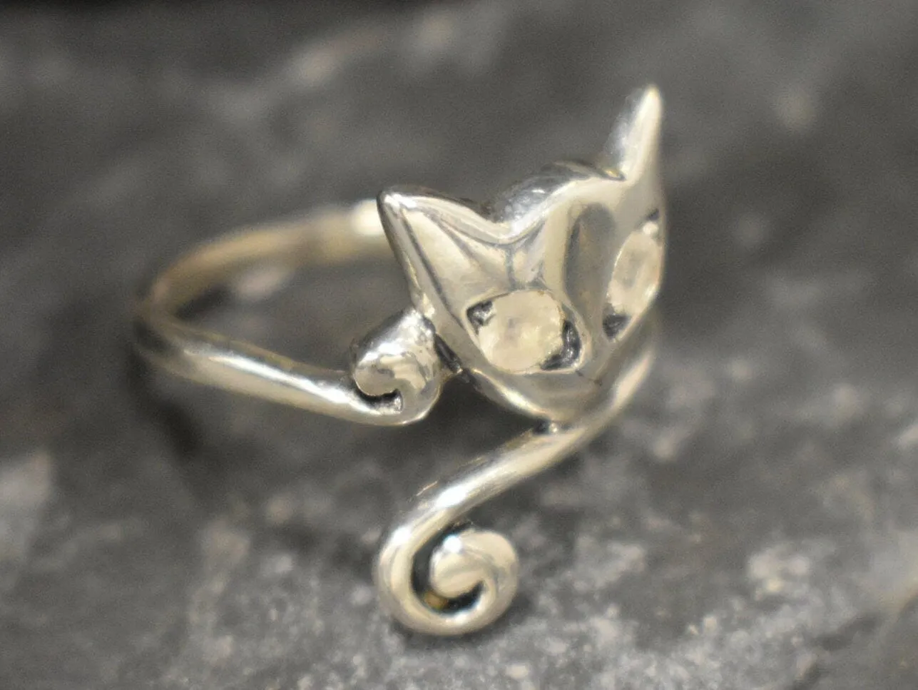 Cat Silver Ring - Moonstone Cat Ring - Cat Lover Ring