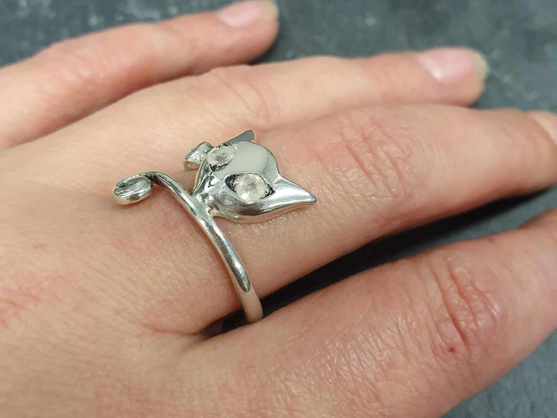 Cat Silver Ring - Moonstone Cat Ring - Cat Lover Ring